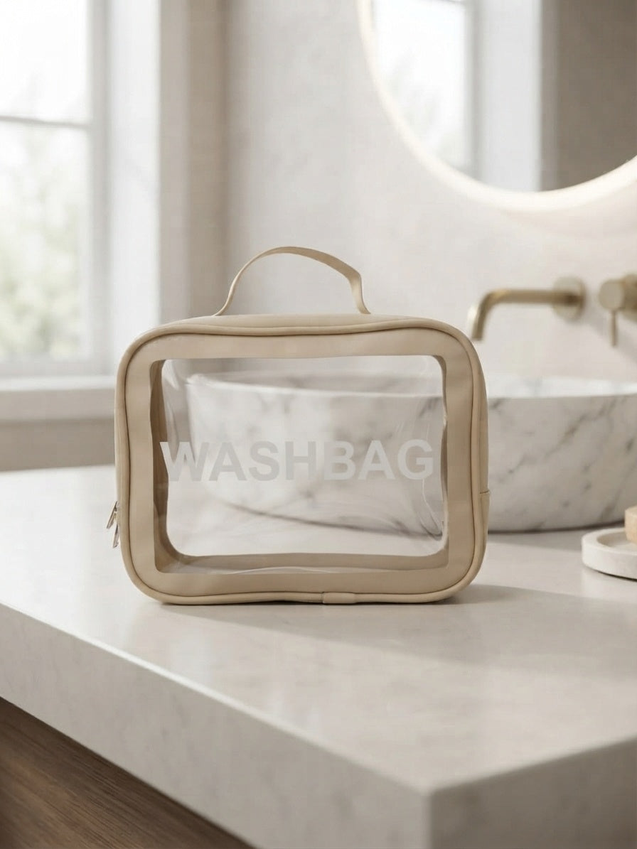 Beige transparent waterproof travel wash bag with handle, clear front window